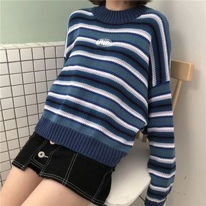 Blue Striped Mock Neck Oversized and Cropped Sweater. One Size Fits All.